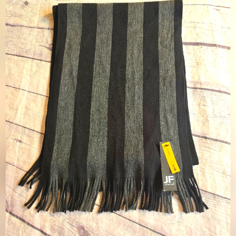 JF. J.FERRAR SOFT KNIT STRIPED BLACK/GRAY FRINGE MEN'S SCARF SIZE 12"X65"